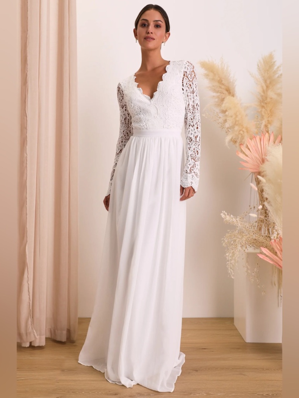 LULU’S Awaken My Love White Long Sleeve Lace Maxi Dress Sz L